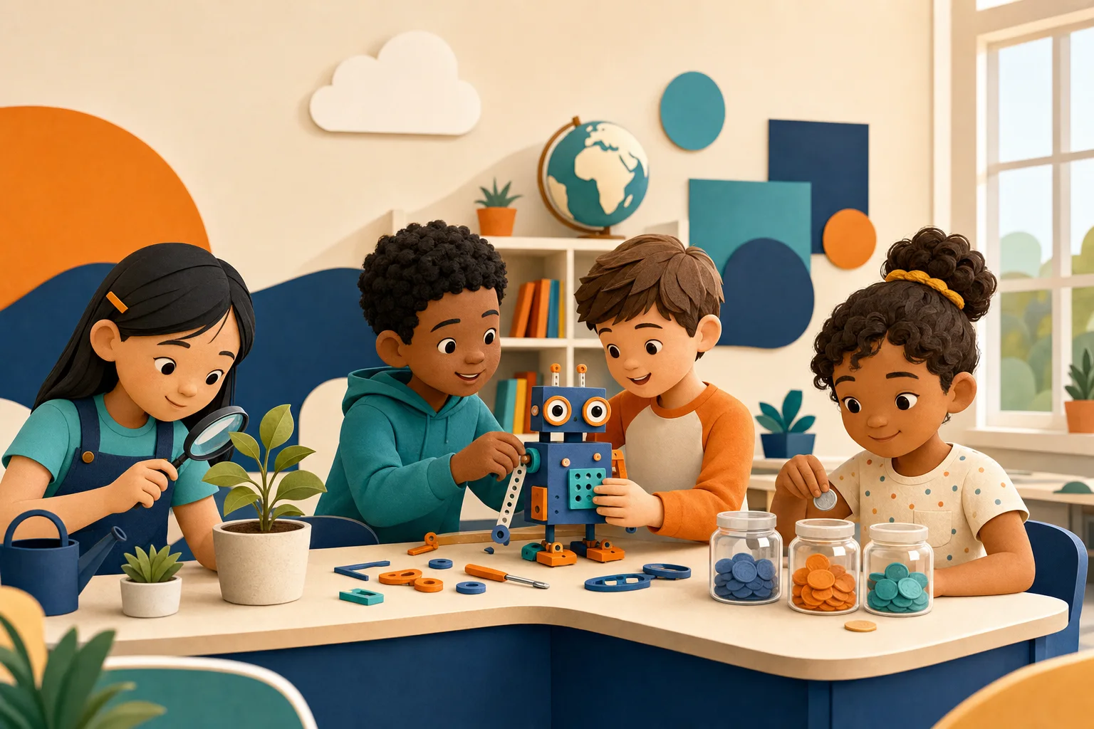Illustration of elementary students collaborating in practical learning activities
